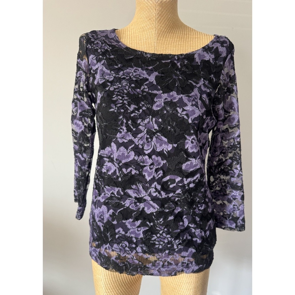 VTG Y2K Floral Lace Boat Neck Purple Fairy Grunge Whimsigoth Top Witchy- Med